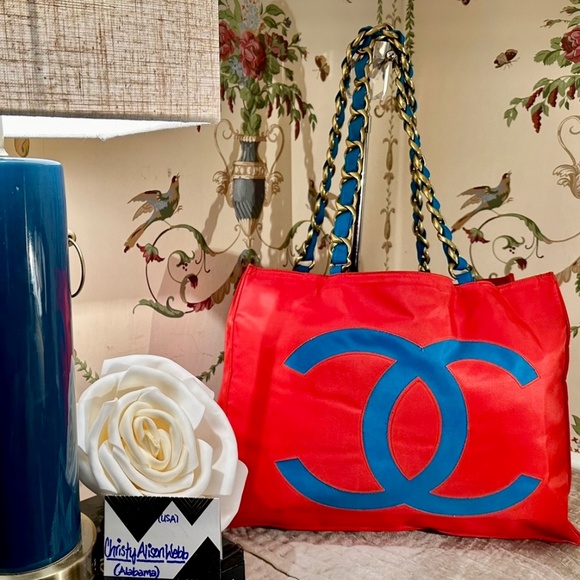 CHANEL 1990s Vintage Logo Jumbo Sexy Red & Blue Nylon Tote w/Large Chain Straps - Picture 1 of 2